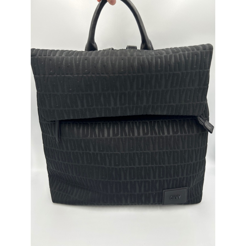DKNY Bryant Black Embossed Logo Foldover Backpack Handbag R13A3P11